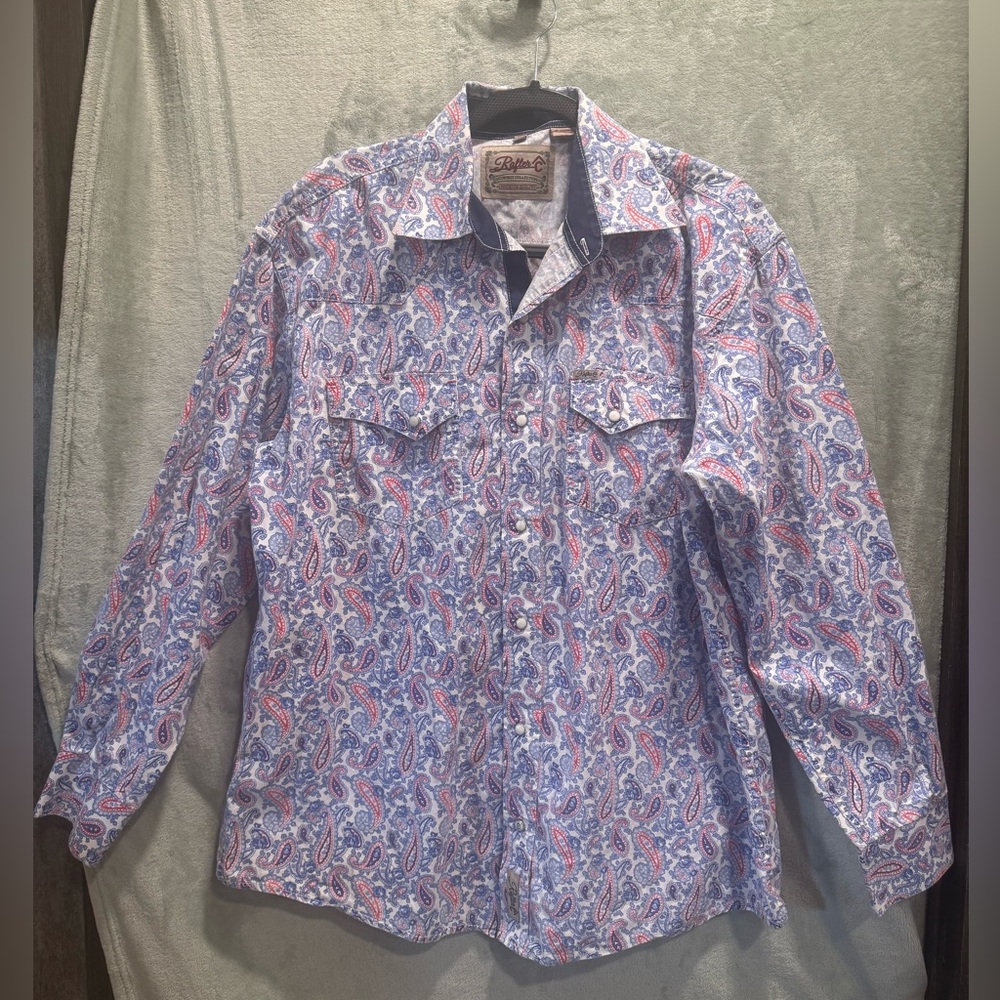 Rafter C Pearl Snap Shirt Mens XL Western Cowboy Rodeo Blue Long Sleeve